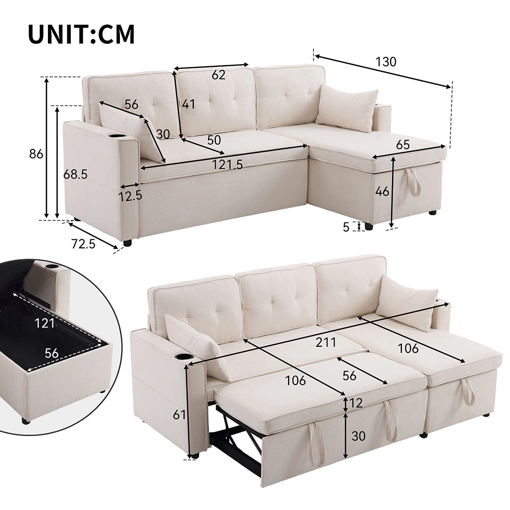 Canap?? letto angolare 3 posti - Xylo - Con spazio di archiviazione e porta bevande, colore beige