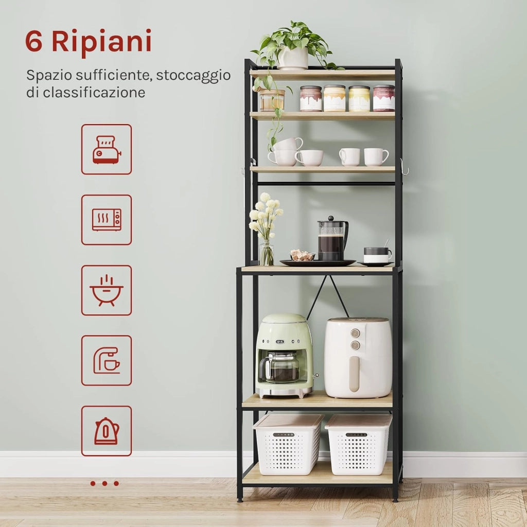 Scaffale da Cucina con 6 Ripiani, Scaffale per Microonde con 6 Ganci, Struttura in Metallo, Legno Ingegnerizzato, 60x40x167cm, Rovere Chiaro+Nero