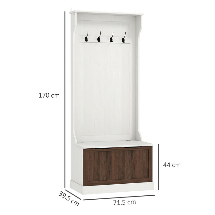 Mobile Appendiabiti 3 in 1 71,5x39,5x170 cm con 4 Ganci e Panca Contenitore in Legno Bianco