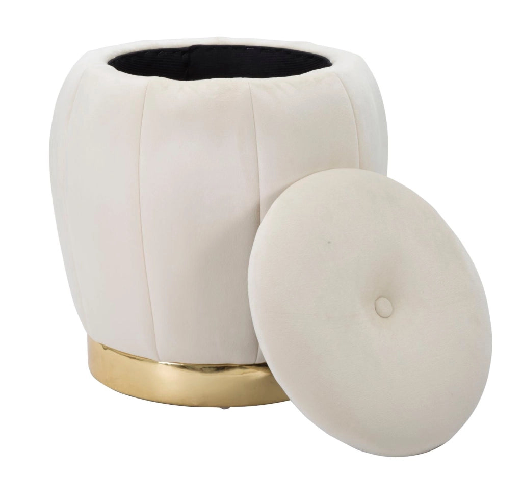 Puff Contenitore Paris Ø43x43 cm in Legno Spugna e Poliestere Crema e Oro