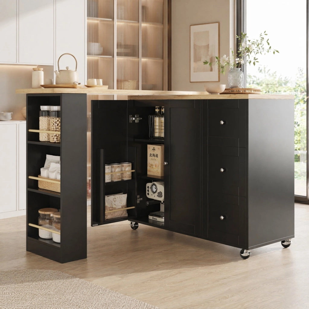 Carrello da Cucina con 3 Cassetti; 2 Ante e 3 Ripiani; Girevole a 360° con Ruote; Nero