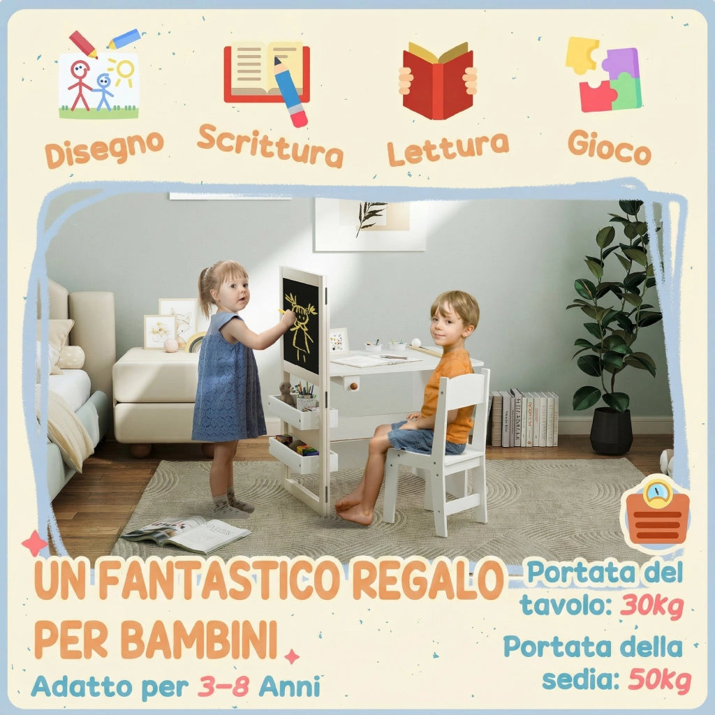 Set Tavolo e Sedia per Bambini 3-8 Anni con Lavagna Nera, Lavagna Bianca, Contenitori e Rotolo di Carta, Bianco