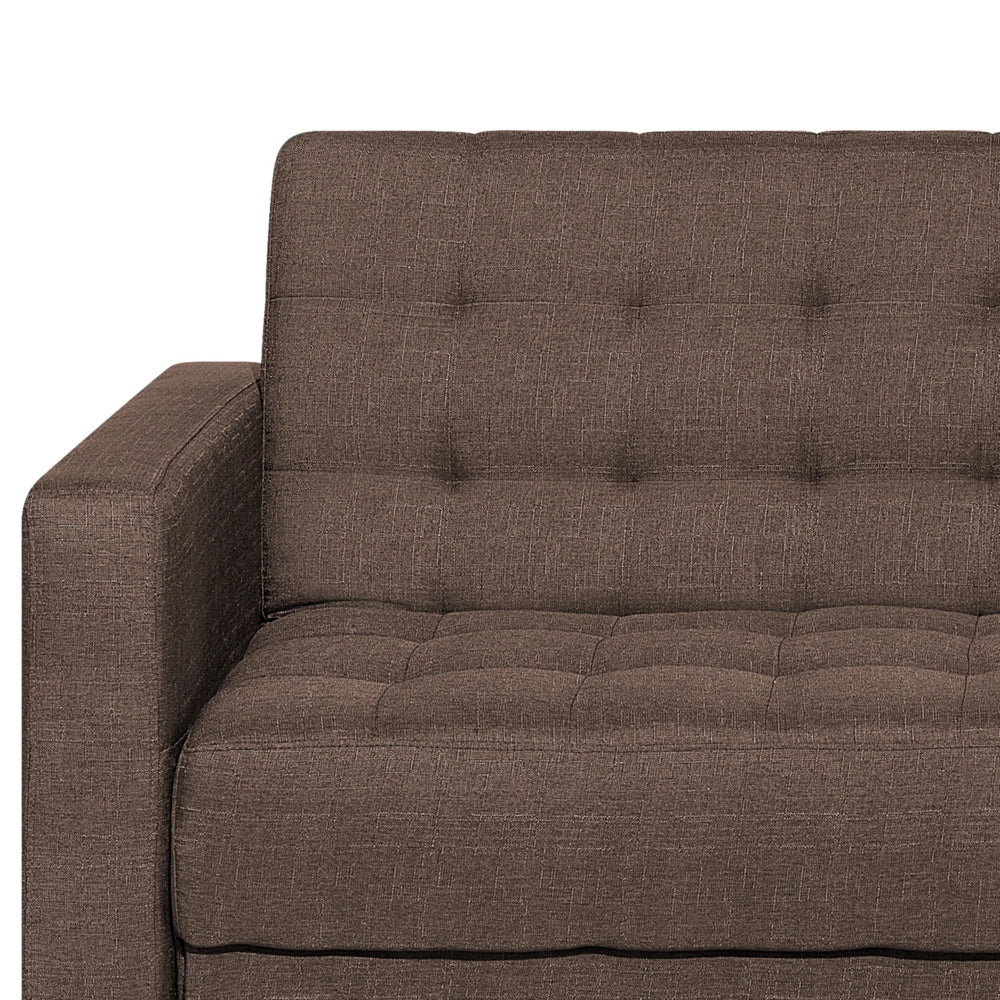 Divano letto angolare in tessuto capitonné marrone moderno a forma di L componibile a 4 posti con ottomana chaise longue versione sinistra