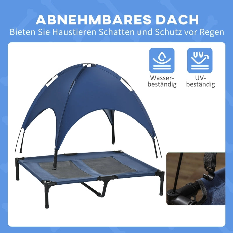 Lettino per cani rialzato con baldacchino in rete e Oxford in acciaio blu scuro 18 cm da terra pieghevole