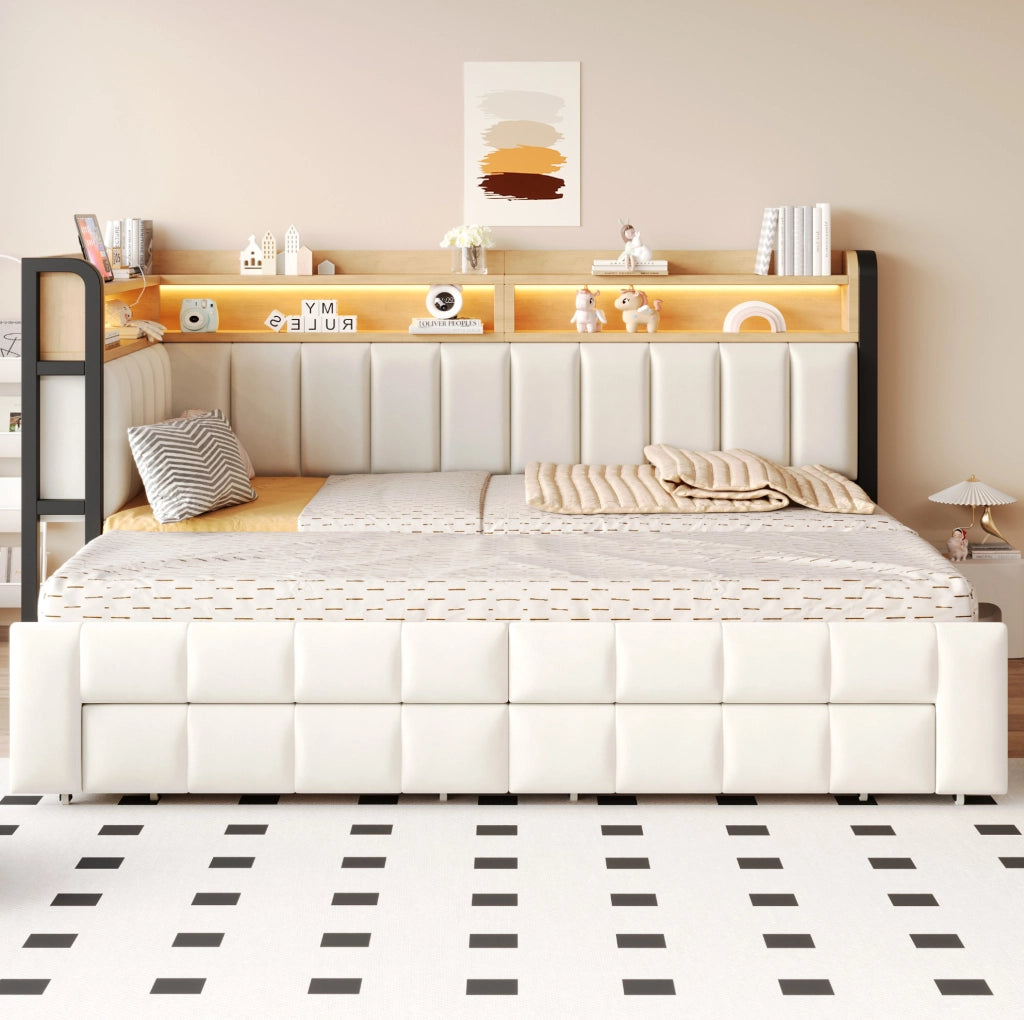 Divano letto imbottito con letto estraibile 90x200 cm; contenitore; LED; USB; beige