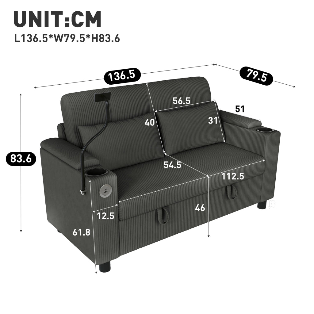 Divano 2 posti moderno con contenitore; USB/Type-C e portabicchieri; 136;5 cm; grigio