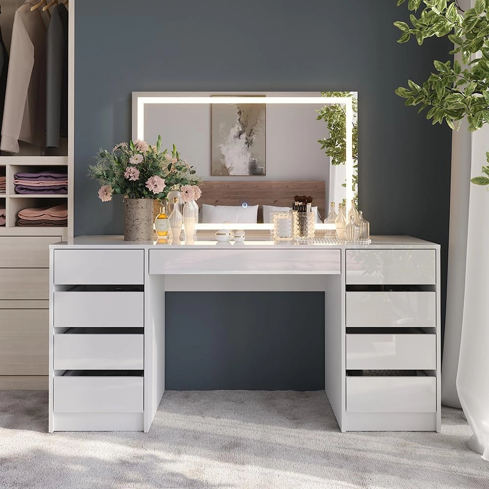 Tavolo da toeletta Sherry, Bianco/bianco lucido, 158.2 cm con specchio LED
