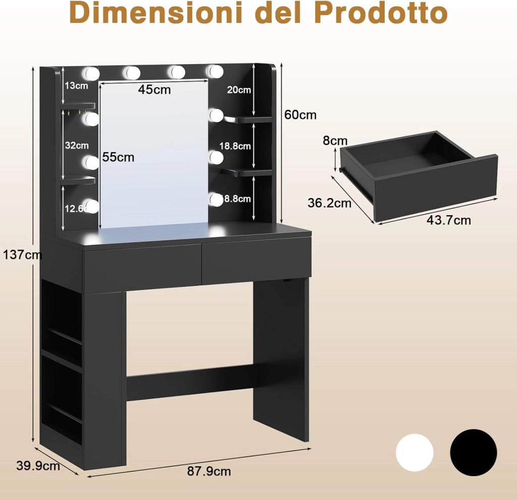 Tavolo da Trucco con Luci e Specchio, 55 x 45 cm, Comodino Moderno con Presa e Porte USB, 2 Cassetti e Scatola Laterale Regolabile, Mobile per il Make-up da Camera (Nero)