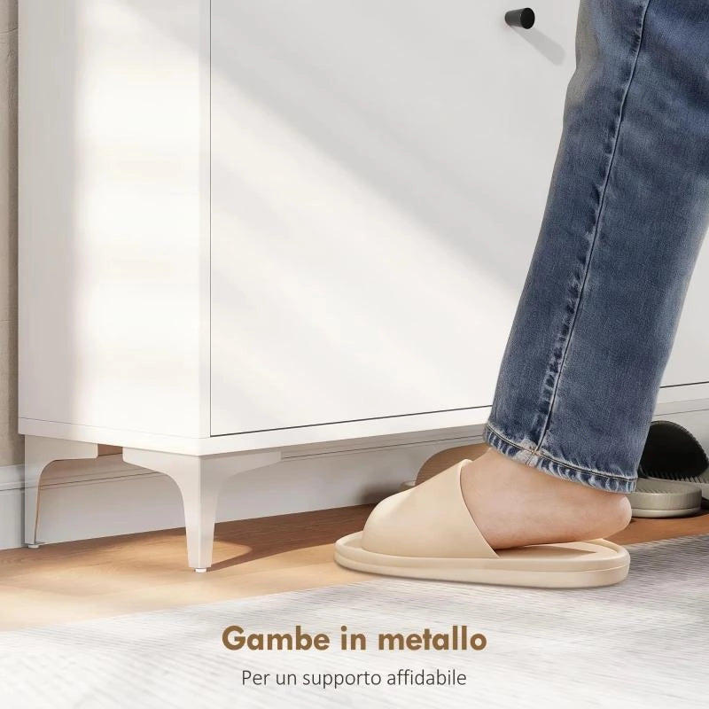 MOBILE SCARPIERA SLIM CON 2 CASSETTI A RIBALTA E RIPIANI REGOLABILI, IN LEGNO E METALLO, 80X24X101 CM, BIANCO