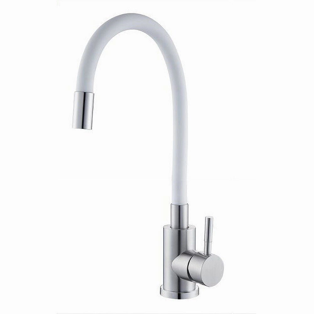Trade Shop - Miscelatore Rubinetto Lavello Cucina Canna Flessibile Bianco Acciaio Satinato 52688 -