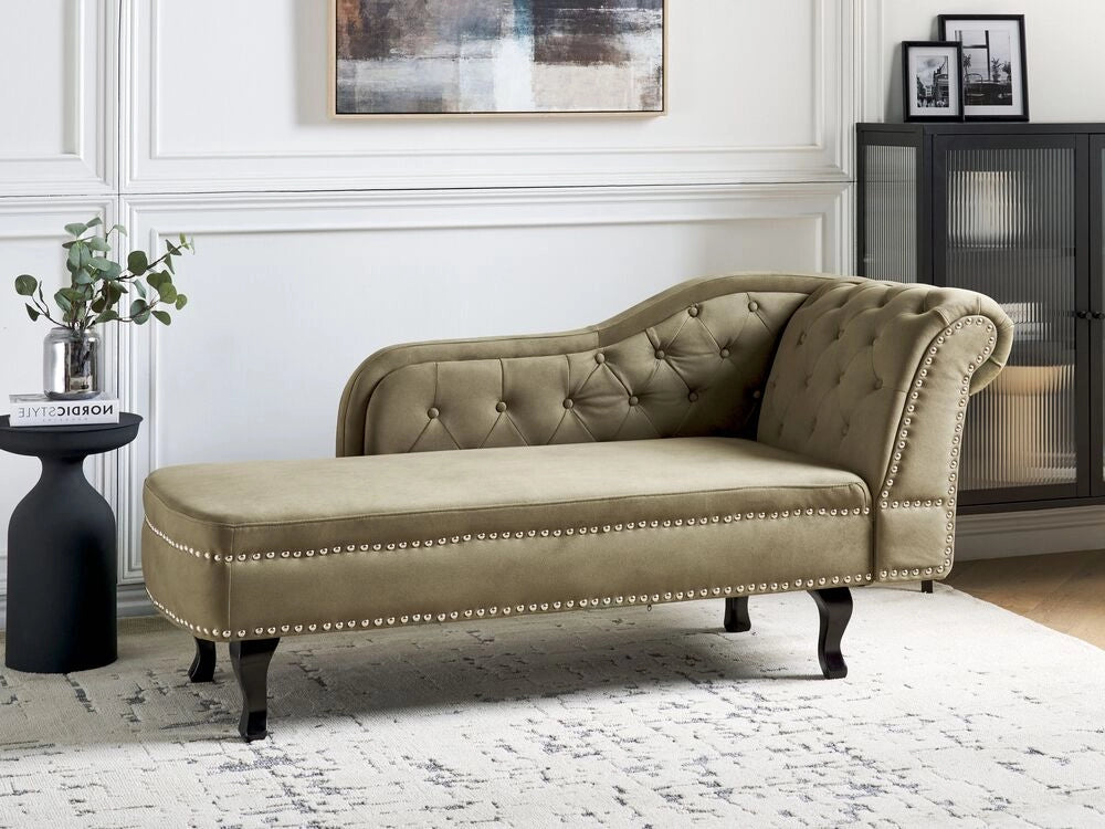 Chaise longue in velluto verde oliva versione destra Con Bottoni stile retrò