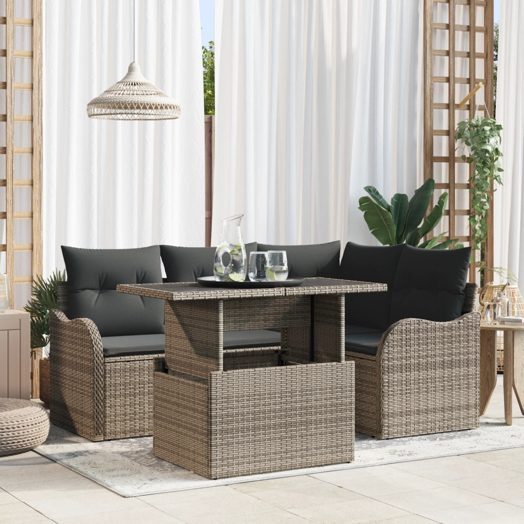 Set Divano da Giardino a 5 Pezzi con Cuscini Grigio Rattan Sintetico