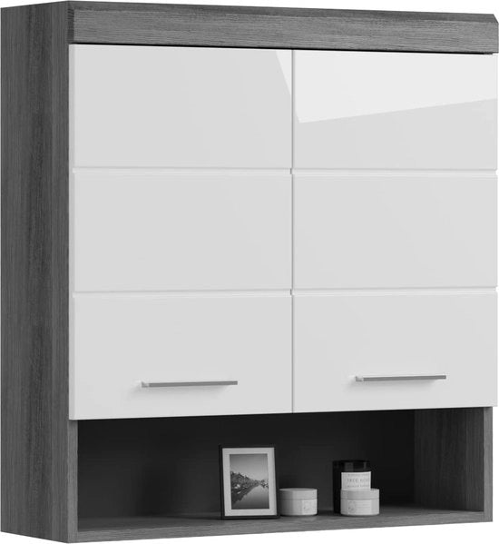 Mobili per bagno - Comparto da parete - Materiale in legno - Fronte alta lucidità - Corpo in acciaio grigio scuro - 74cm x 79cm x 24cm