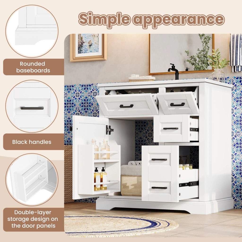 Mobile sottolavabo con 1 anta, 4 cassetti e lavabo in ceramica, per bagno, in MDF e ceramica, bianco, 76 × 47 × 82 cm