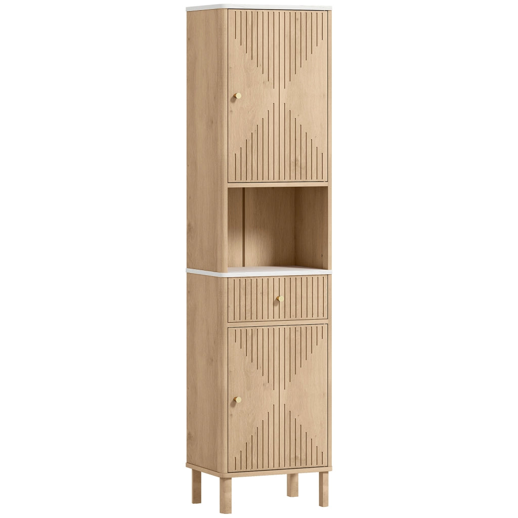 Mobile a Colonna Bagno 41,5x30x168 cm con  Ripiano Effetto Marmo e Ante Decorate in MDF Rovere