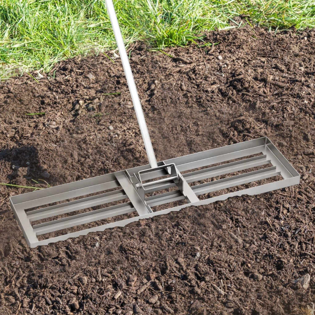 Rastrello livellatore per prato cortile, Livellatore giardino con impugnatura ergonomica e piastra 91x25cm Argento-Attrezzi da giardino