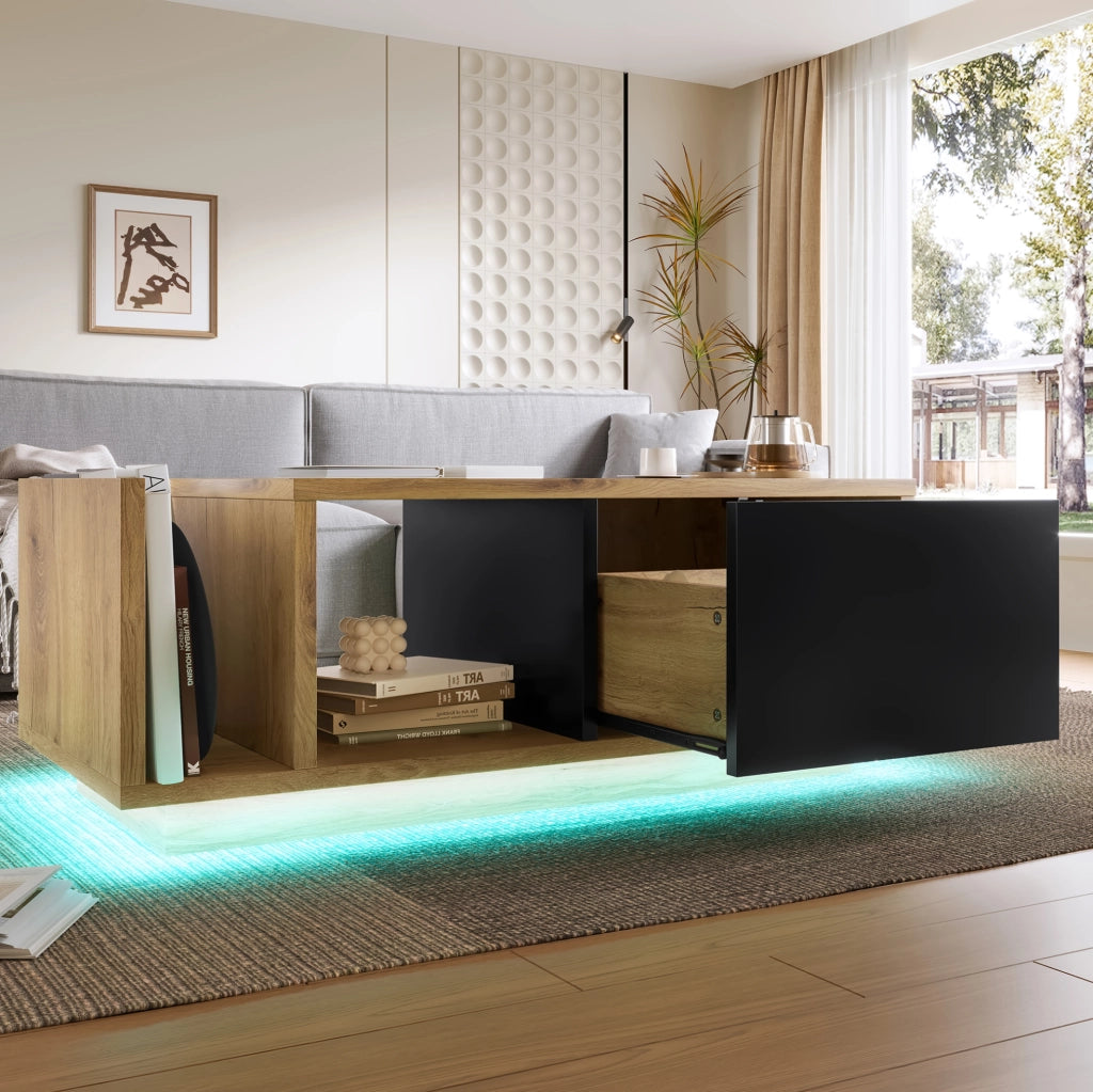 Tavolino contenitore retro con LED 99;5x53x38 cm in legno ingegnerizzato e metallo; naturale