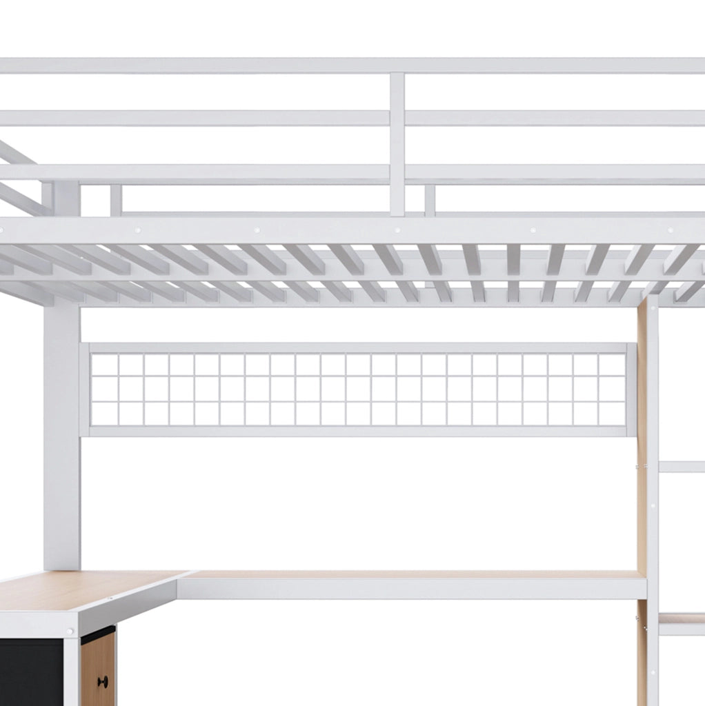 Letto a soppalco 140x200 cm in metallo e MDF bianco con scrivania; LED e contenitore