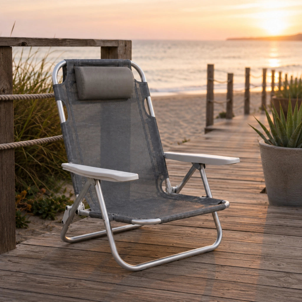 Spiaggina Reclinabile Da Mare E Campeggio Con Poggiatesta Imbottito Sedia Pieghevole In Alluminio E Textilene Traspirante Trasformabile In Lettino 48.5 x 60 x 80 Cm Grigio
