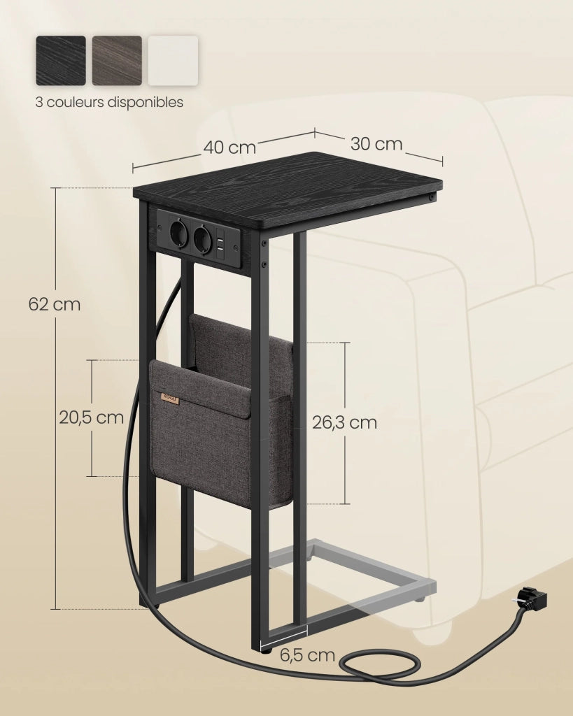 Tavolino laterale/comodino con multipresa/tavolino a forma di C per piccoli spazi 2 porte USB e prese piedini regolabili per camera da letto/soggiorno finitura in legno nero 12_0007571