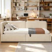 Divano letto imbottito 207x96x78 cm con spazio contenitore idraulico; tessuto beige
