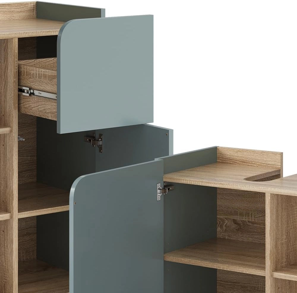 Set di mobili da bagno Karen, Sonoma/blu, 60 cm, composto da mobile lavabo, pensile a specchio, colonna e base media