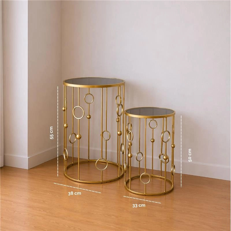 2 TAVOLINI TONDI METALLO COLOR ORO E TOP IN VETRO MISURE 38X55CM/ 33X50CM