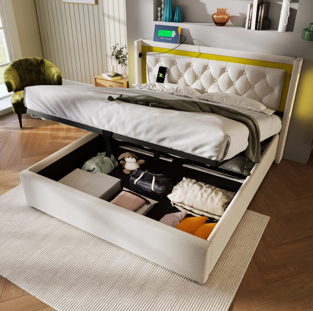 Letto matrimoniale LED con contenitore, USB e materasso incluso