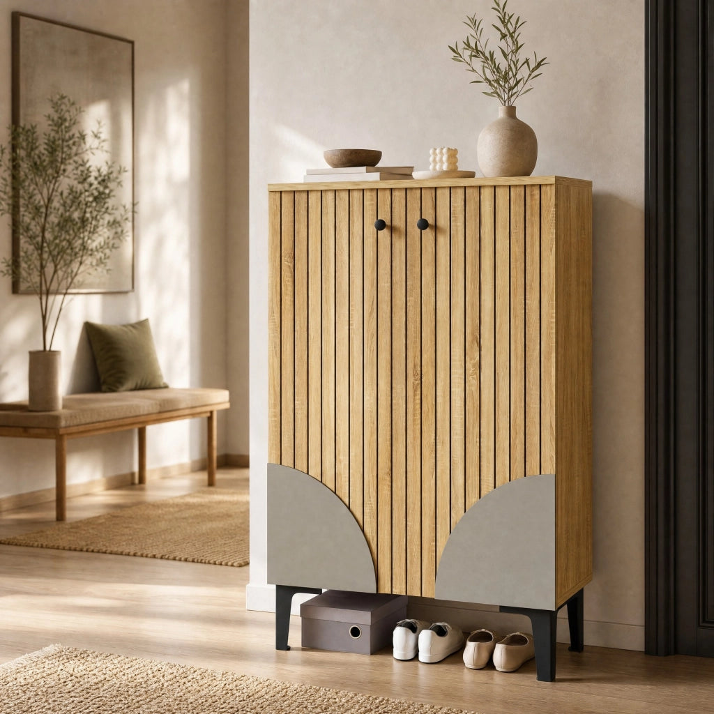 Scarpiere moderna in MDF e truciolare con ante; 60 x 32 x 94 cm; colore naturale