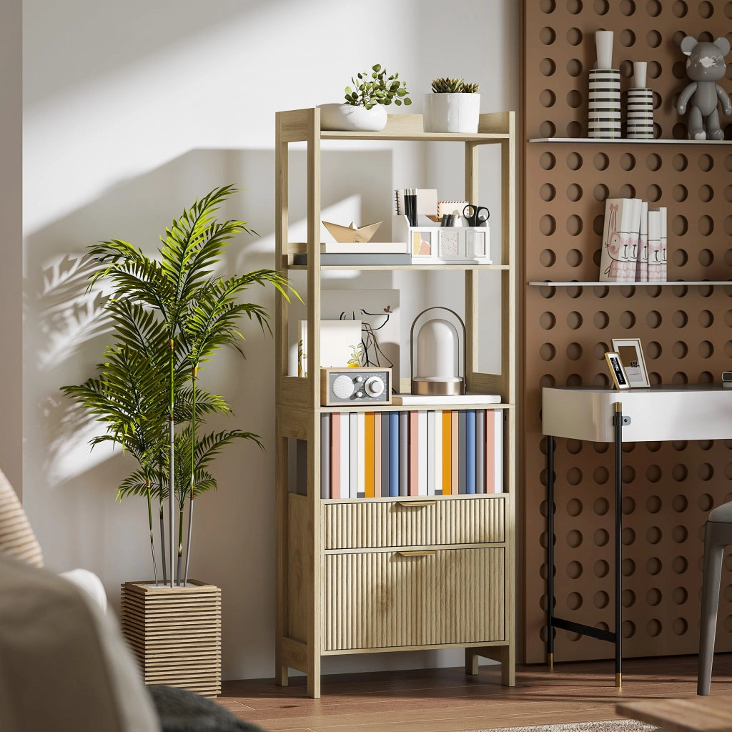 Libreria alta con 4 ripiani aperti e 2 cassetti ¨C Xylo ¨C legno naturale 60x30x160 cm