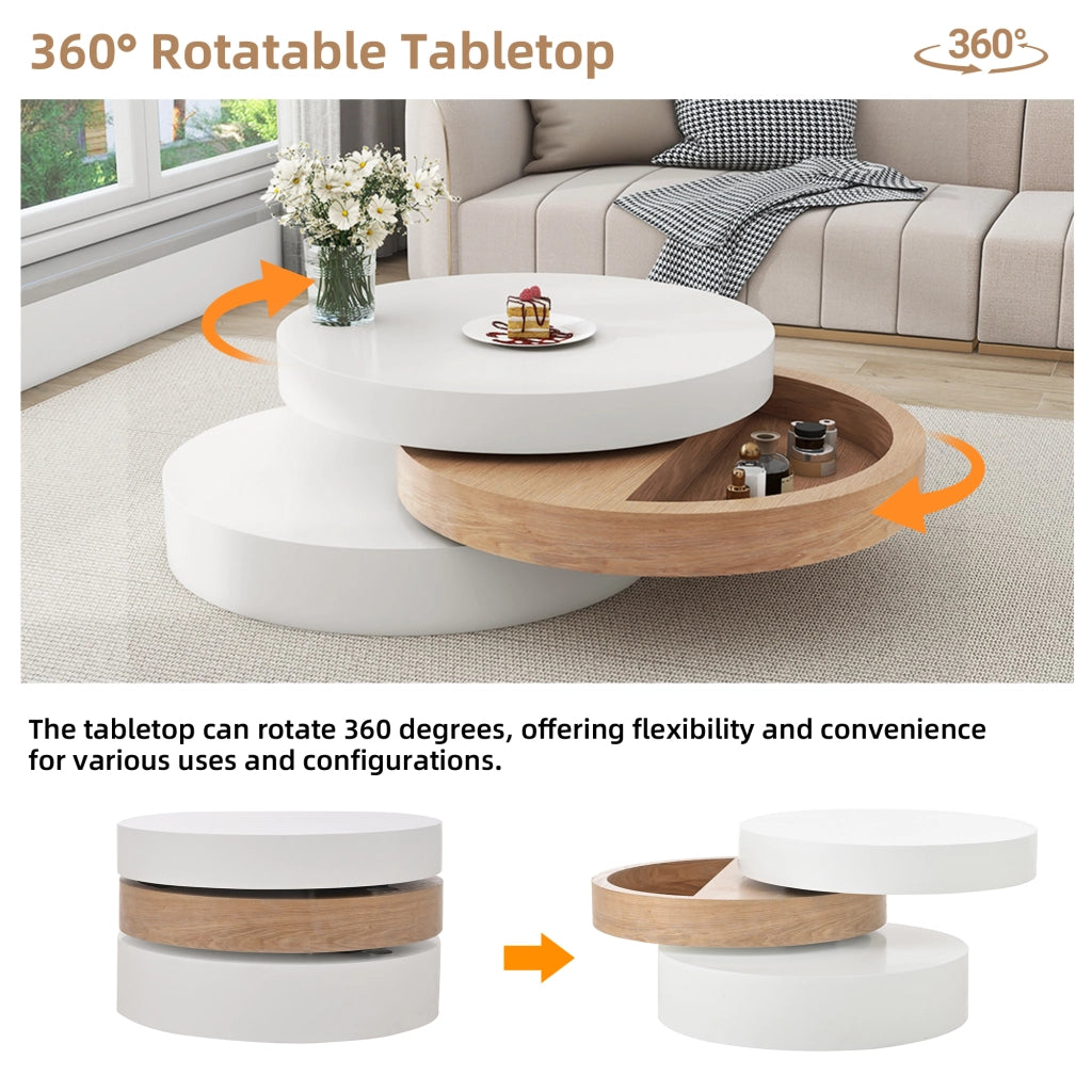 Tavolino basso girevole con 3 piani e vano contenitore nascosto per soggiorno in MDF bianco e legno naturale 60 × 60 × 35,1 cm