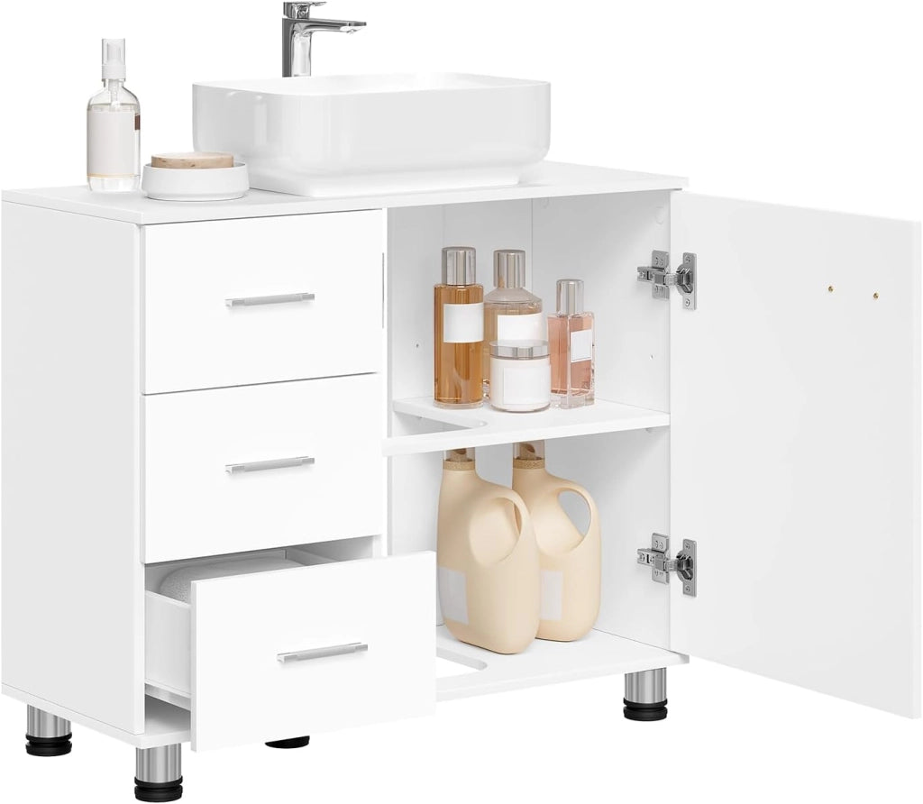 Mobiletto Sotto Lavabo con Ripiano Regolabile, Mobile da Bagno Freestanding con Anta a Cassetto, 70x60x30 cm, Mobiletto da Bagno Bianco