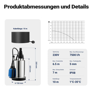Pompa sommersa acque nere 7500l/h 400W Elettropompa a immersione per acque reflue