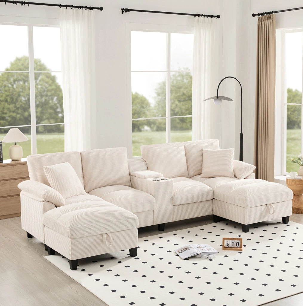 Divano modulare a U con contenitore; 2 porte USB e portabicchieri; 293x142x93 cm; beige