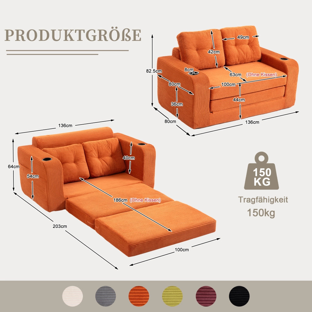 Divano modulare a due posti in velluto a coste con braccioli portabicchieri e tasche laterali arancione 136 × 80 × 82,5 cm