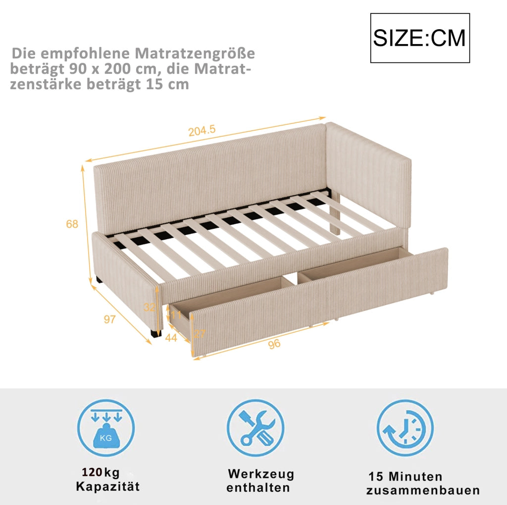 Divano letto classico in velluto; 90x200 cm; con 2 cassetti contenitore; beige