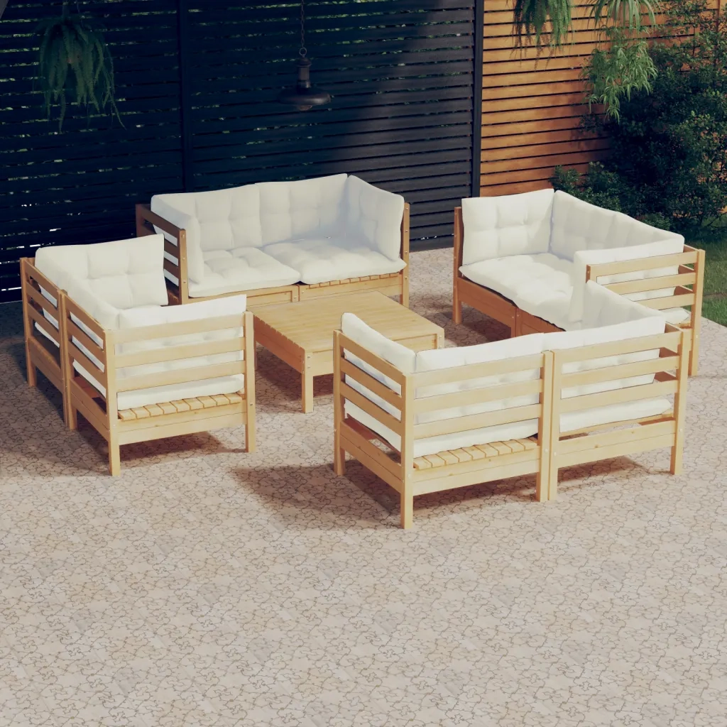 Set Salotto da Giardino 9 pz con Cuscini Crema in Legno di Pino 3096064
