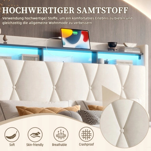 Letto imbottito 160x200 LED USB-C beige - Xylo