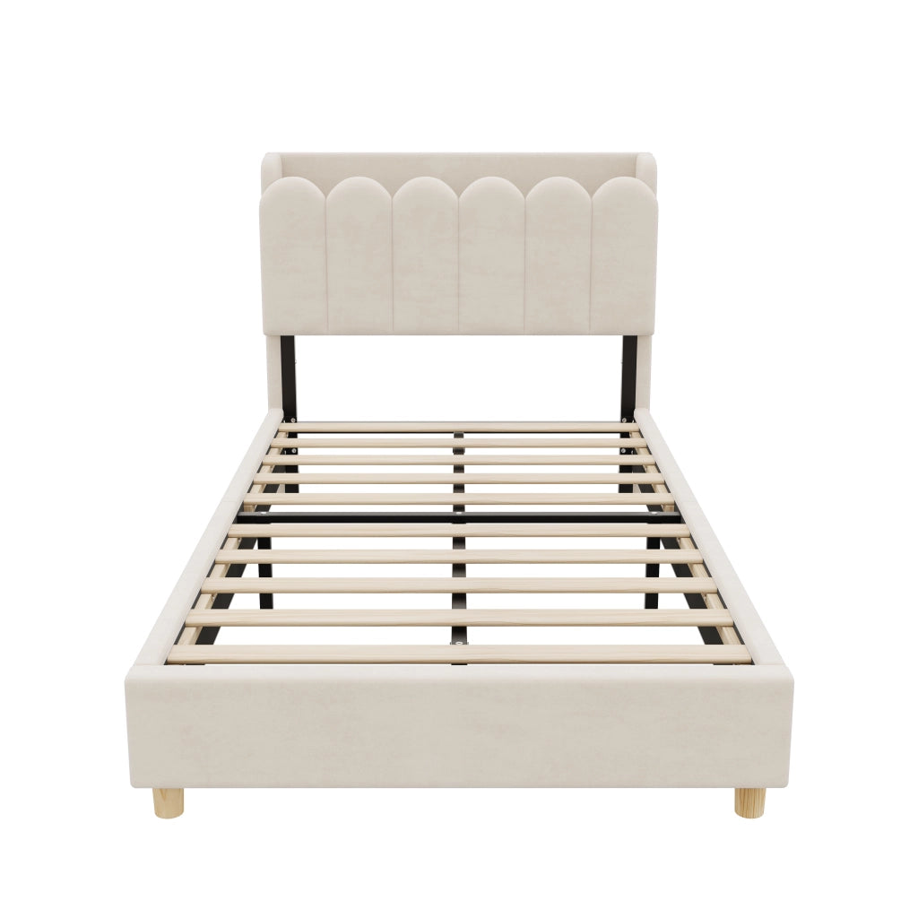 Letto per Bambini 90x200 cm; Singolo - USB; Tipo C e Lampada da Lettura - in Velluto Beige