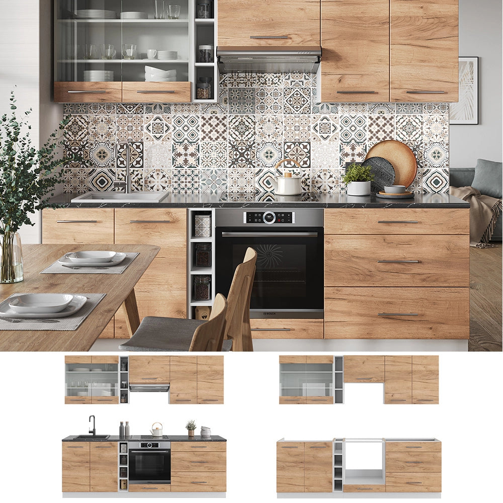Cucina componibile Fame-Line Rovere dorato/Bianco 235 cm, PL Marmo Vicco