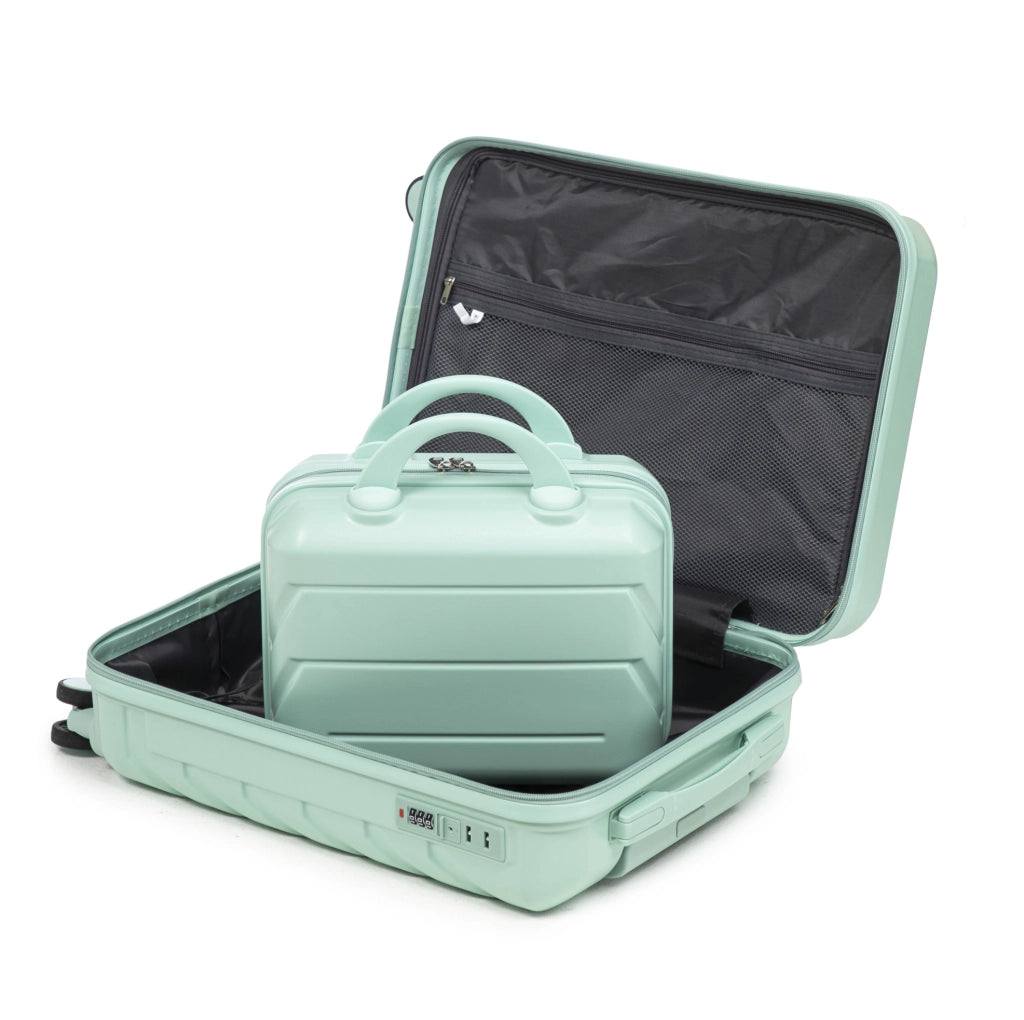 Set da viaggio 2 pezzi con valigia rigida ABS 55x35,5x20,5 cm e beauty case 14" verde menta