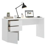 Scrivania Ardina, Scrittoio multiuso da ufficio o cameretta, Tavolo da studio lineare con 2 cassetti e 1 anta, 139x60h75 cm, Bianco