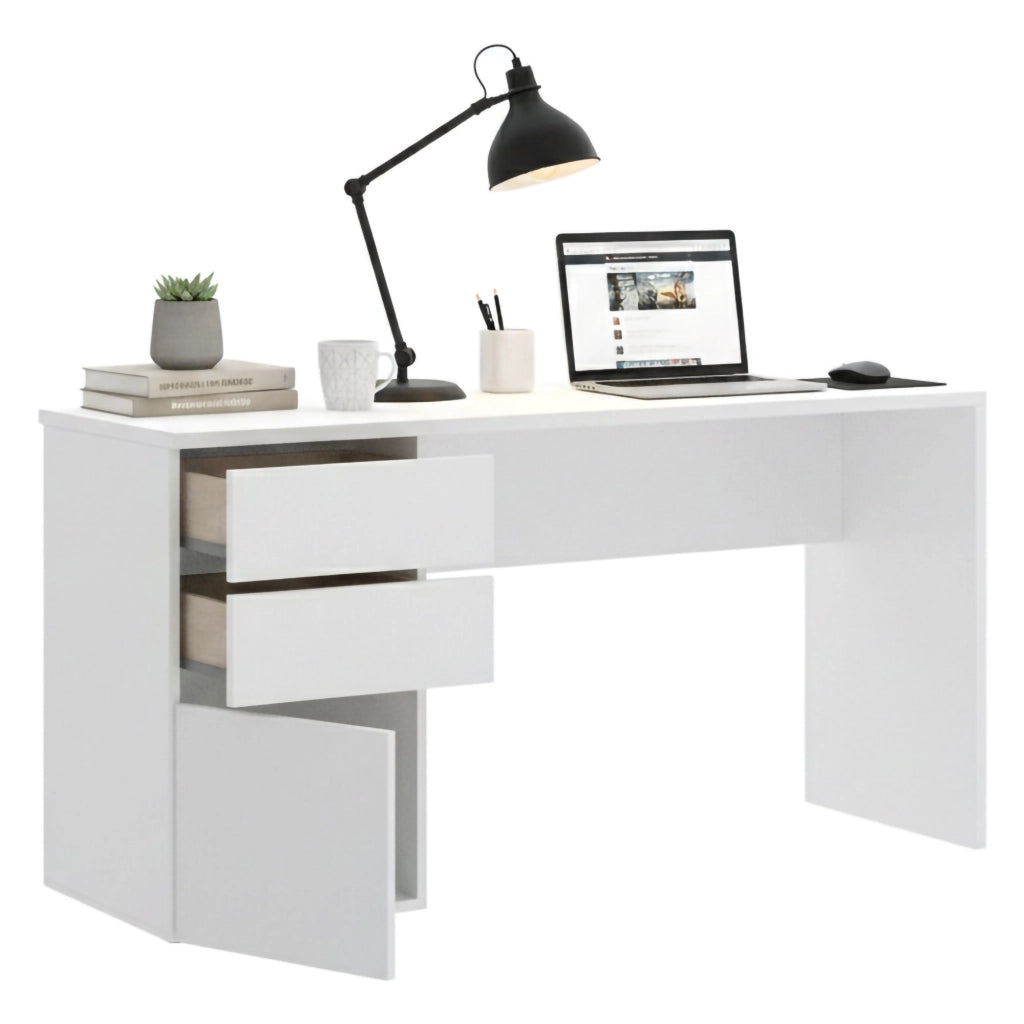 Scrivania Ardina, Scrittoio multiuso da ufficio o cameretta, Tavolo da studio lineare con 2 cassetti e 1 anta, 139x60h75 cm, Bianco