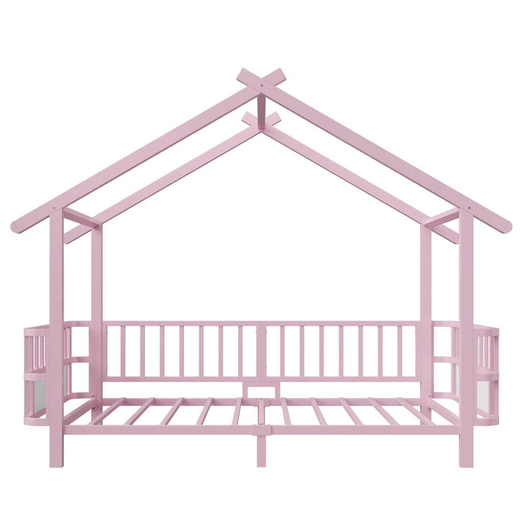 Letto per bambini in metallo a forma di casa 90 x 200 cm, con sbarre di sicurezza, design a tetto, rosa