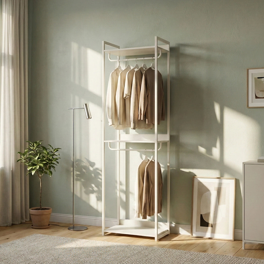 Stand Appendiabiti Jässaatka in Acciaio con Doppia Asta e 3 Ripiani 200 x 61 x 40 cm - Grigio [en.casa]