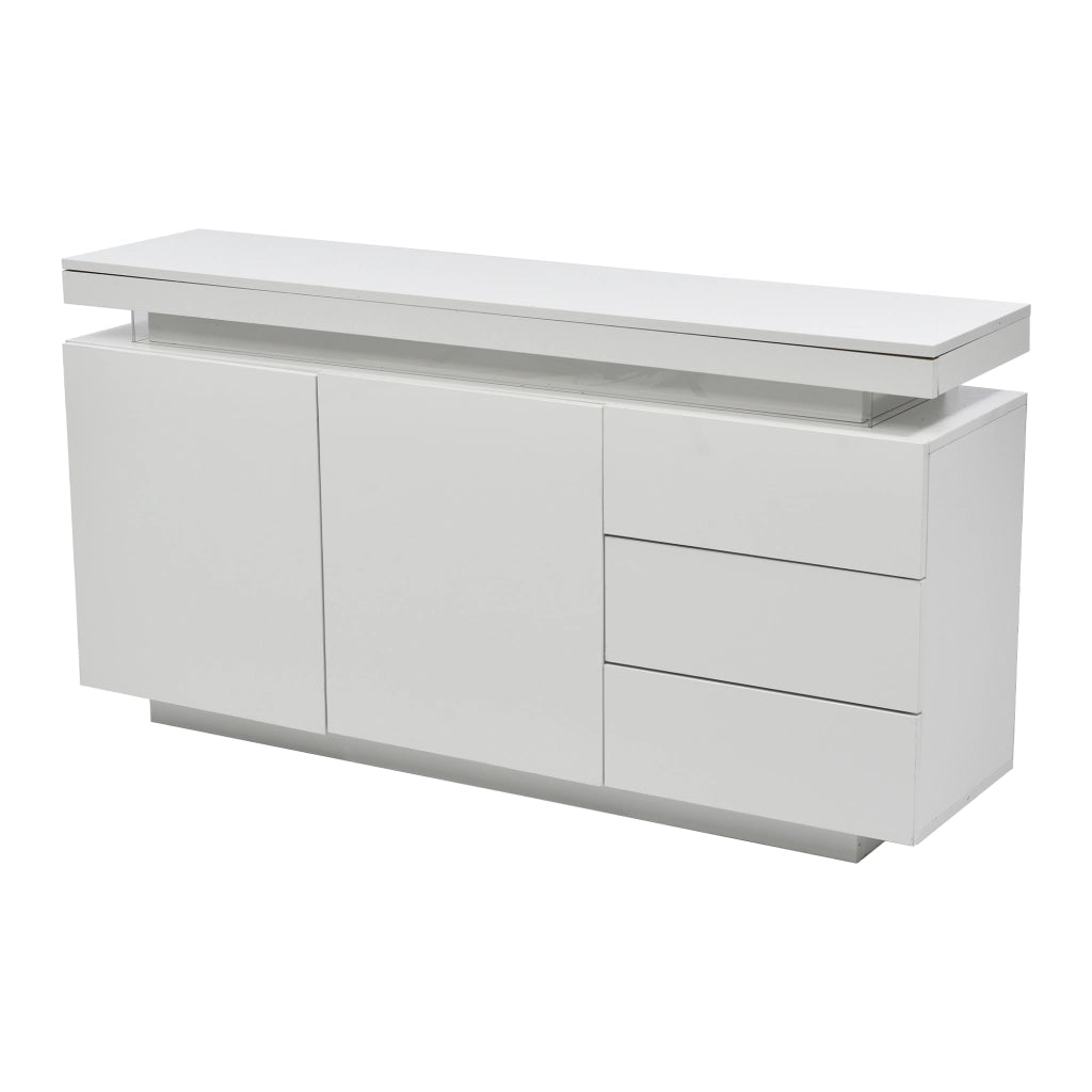 Credenza con 2 ante; 3 cassetti e LED; per soggiorno; 140x35x72.5 cm; bianco