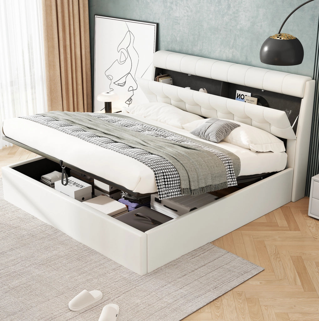 Letto imbottito 160x200 con contenitore idraulico; testiera con vano nascosto; PU bianco