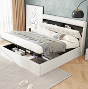 Letto imbottito 160x200 con contenitore idraulico; testiera con vano nascosto; PU bianco