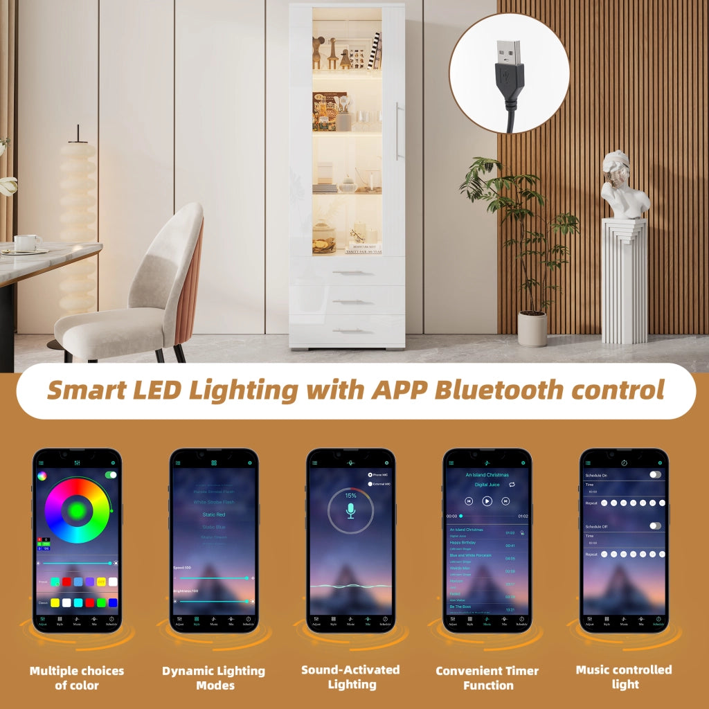 Vetrina con LED da app, 1 anta e 3 cassetti, fronte lucido, per soggiorno, in MDF, bianco, 60 × 35 × 180 cm