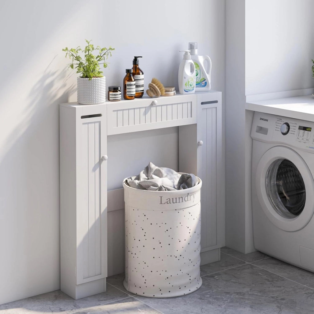 Mobile Sopra WC, Mobile per Bagno con Ripiani Regolabili Portarotolo per Carta Igienica e Anta Ribaltabile, Ideale per Bagno Lavanderia, 89x19,5x99 cm (Bianco)